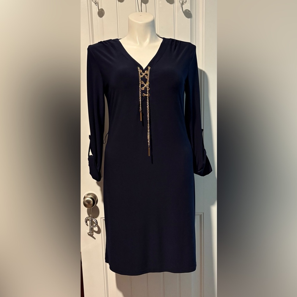 NWOT Spense Navy Dress with Gold Chain Detail